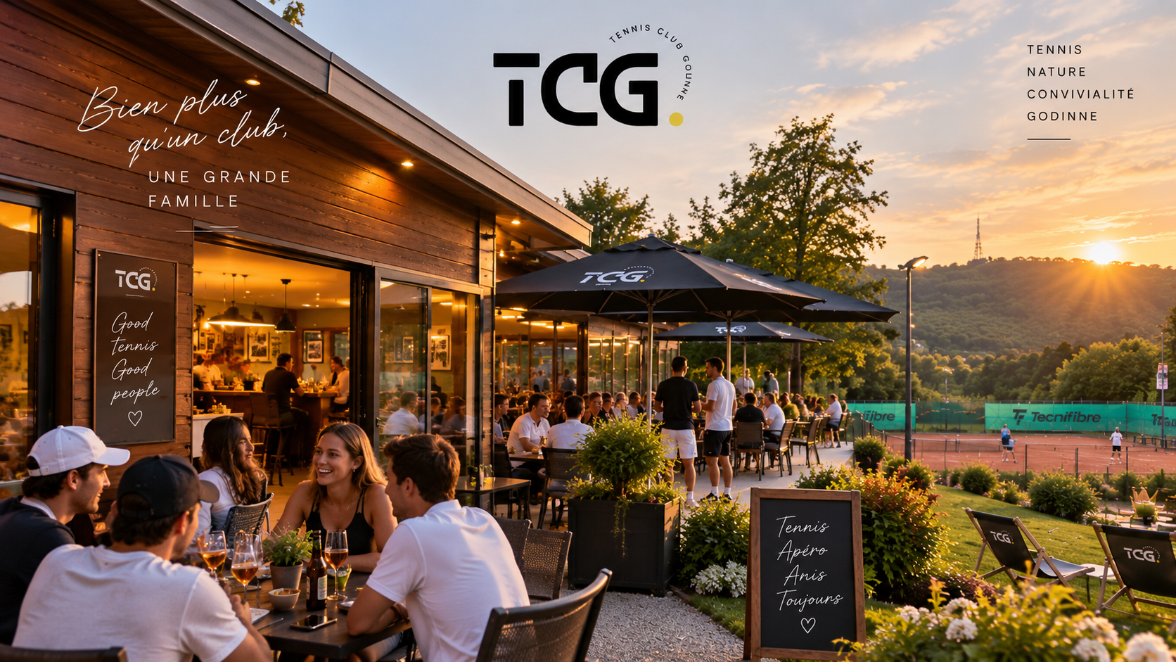 Le club-house, la terrasse et les terrains du Tennis Club Godinne au coucher du soleil